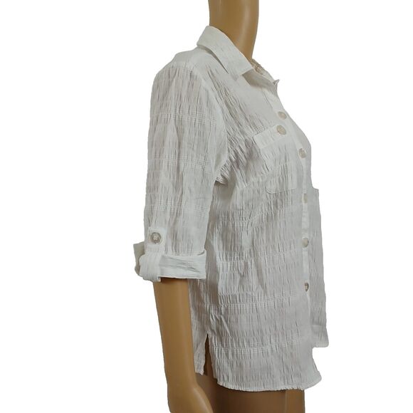 Baxter & Wells Women's P/L White Gauzy Button Up Collard Roll tab Sleeves Shirt - Picture 4 of 13